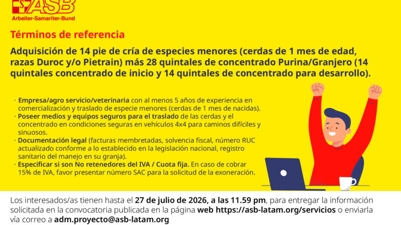 Adquisición de 14 pie de cría de especies menores (cerdas de 1 mes de edad, razas Duroc y/o Pietrain) más 28 quintales de concentrado Purina/Granjero (14 quintales concentrado de inicio y 14 quintales de concentrado para desarrollo).